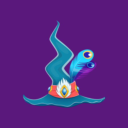 Cartoon Halloween witch hat with vibrant feathers, red hatband and gemstone buckle. Isolated vector whimsical accessory, embodies a playful, spooky spirit, perfect for costume parties and festivitiesのイラスト素材