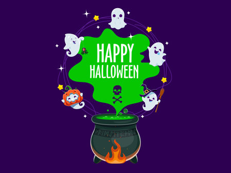 Halloween cute kawaii ghosts near magic potion cauldron. Vector background with funny spooks crew in holiday costumes of witch and pumpkin, celebrating trick or treat party around the pot with brewのイラスト素材
