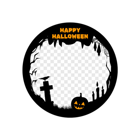 Halloween social media post frame template features round border with ghostly details. Spooky background with black and orange colors, bats, pumpkin face, cemetery tombs, candles and raven silhouettesのイラスト素材