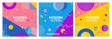 Modern geometric cover background, memphis shapes banners with vector pattern of line circles,...