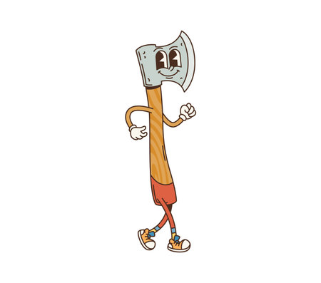 Cartoon ax retro groovy travel camp and tourism character. Isolated vector axe camping tool personage with friendly face on its blade and wood handle, wears colorful sporty shoes ready for woodcuttingのイラスト素材