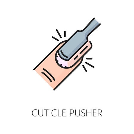 Nail manicure service cuticle pusher color line icon. Cosmetics and makeup shop, nail cosmetology tools and manicure master outline vector icon. Woman beauty or spa salon thin line symbol or signのイラスト素材