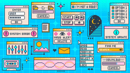 Retro computer window y2k page interface. Vector rave blue pc desktop with virus alert message,...