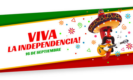 Mexican Independence Day banner with cartoon pepper and Mexico flag, vector background. Chili pepper mariachi character in sombrero with guitar for Mexican Independence day holiday fiesta celebrationのイラスト素材