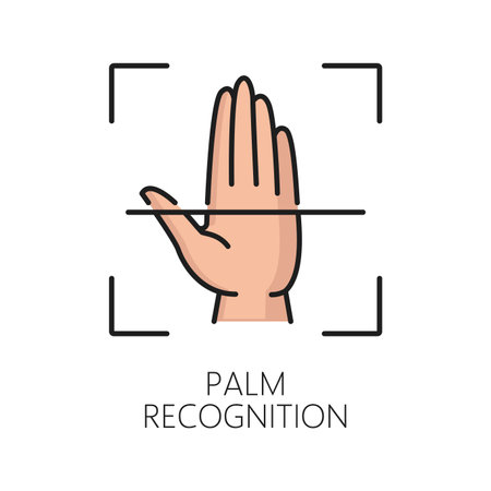 Biometric identification, palm recognition or verification icon. ID biometric identification, access digital recognition or biometric signature security technology linear vector icon with human palmのイラスト素材