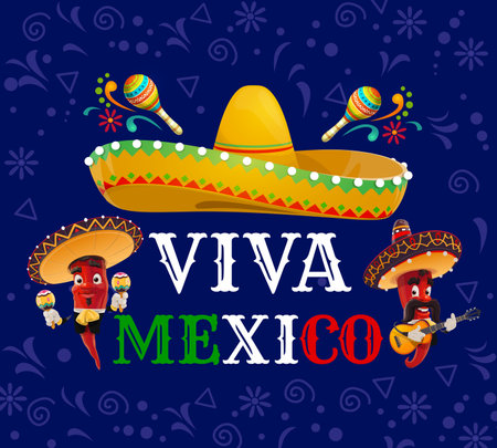 Viva Mexico banner with sombrero hat, chili pepper musicians and vector pinatas for national Mexican Independence Day. Mexican holiday fiesta, cartoon mariachi peppers with guitars and maracasのイラスト素材