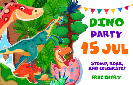 Birthday invite, kids dino party flyer. Vector invitation with cartoon dinosaurs. Cute funny baby dino in the egg, ouranosaurus, styracosaurus and oviraptor amid a jungle backdrop with bunting decorのイラスト素材