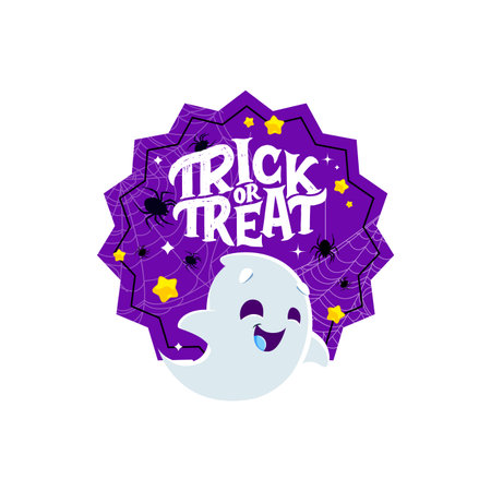 Halloween holiday sticker with funny kawaii ghost character. Isolated vector badge with spiders and cute spook with playful expression, adding a touch of spookiness and charm to the festive spiritのイラスト素材