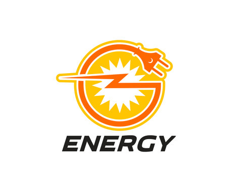 Electric energy icon featuring a stylized electric plug and burst symbol in shades of yellow and orange. Vector vibrant emblem conveys power for energy companies or industries, electricity companiesのイラスト素材