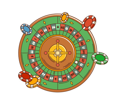 Cartoon retro groovy casino roulette wheel with chips. Vector gamble sport game or betting roulette with red and black ball pockets. Vintage groovy gambling fortune wheel with casino desk game chipsのイラスト素材