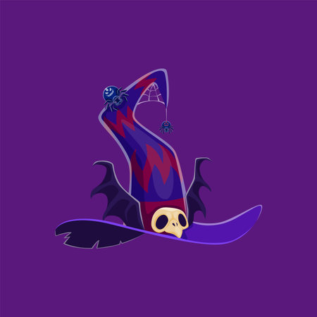 Cartoon Halloween witch hat. Isolated vector purple magician headwear with red zig-zag stripes, bird skull buckle, bat wings and spider hanging on cobweb. Costume cap for wizard or evil sorcererのイラスト素材