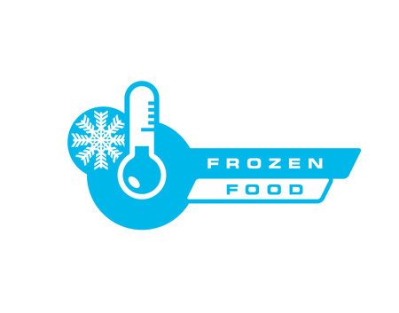 Frozen food product icon, ice crystal label. Isolated vector blue badge, emblem or sticker for frozen food, features thermometer and snowflake symbols for packages or frosty cold preservation itemsのイラスト素材