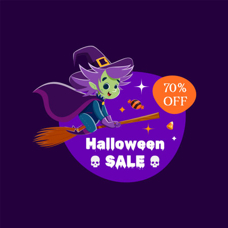 Halloween sale frame and kawaii witch character flying on broom. isolated vector promotional tag features wicked hag riding her broomstick across a spooky sky, casting an enchanting shopping spellのイラスト素材