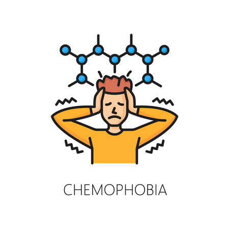Phobia chemophobia, fear of chemicals or chemistry, vector line icon of mental health problems. Psychology, anxiety disorder and cognitive mind problem, outline icon of person with chemophobia phobiaのイラスト素材