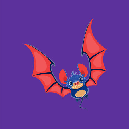 Cartoon Halloween bat character with funny face and membranous outspread wings. Isolated vector flying vampire animal with big eyes and toothy mouth, ready to bring a playful fright to the festivitiesのイラスト素材