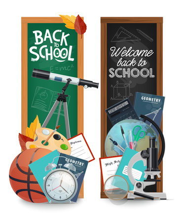 Back to school banners with school supplies, including basketball, telescope, books and autumn leaves, celebrating the start of the school year. Vector vertical educational cards, bookmarks or flyersのイラスト素材