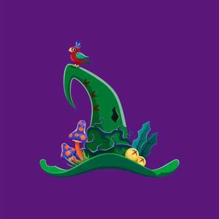 Cartoon Halloween witch hat adorned with enchanting mushrooms, a friendly bird, winding vines, lush leaves, and jingling bells. Isolated vector whimsical magical accessory for spooky wizard costumeのイラスト素材