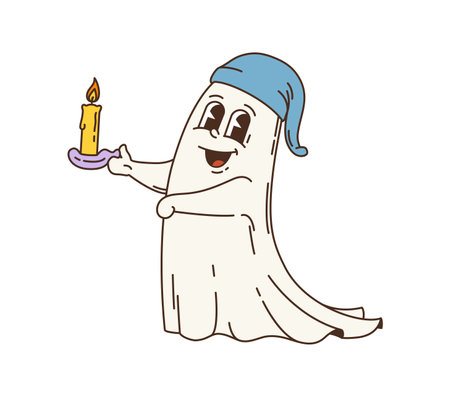 Cartoon retro groovy Halloween ghost character. Isolated vector friendly spook wearing a blue nightcap, cheerfully holding a candle. Funny vintage hippie phantom with a playful smile wanders at nightのイラスト素材