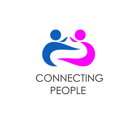 Community connect people together icon, teamwork or family union vector emblem with two stylized human figures interlocking in a flowing embrace, in blue and pink colors, symbolize unity, partnershipのイラスト素材