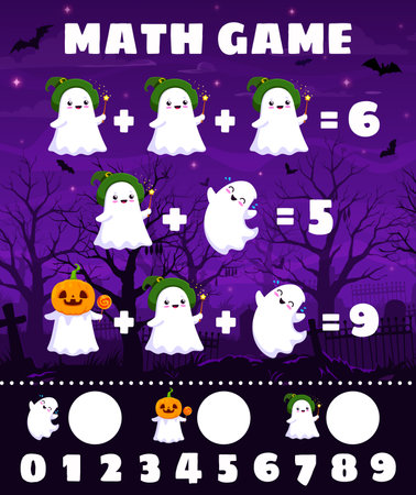 Halloween math game with cute kawaii ghost characters on cemetery, vector worksheet. Kids mathematical quiz and education puzzle or math game for counting and calculation of Halloween boo ghostsのイラスト素材