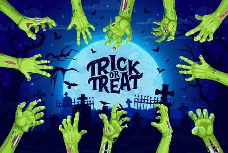 Halloween cemetery, zombie hands and midnight moon. Happy Halloween celebration banner, October horror party vector background. Autumn holiday banner with zombie green hands, cemetery in moon lightのイラスト素材