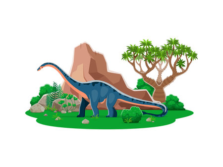 Shunosaurus prehistoric dinosaur cartoon character. Isolated vector ancient herbivore sauropod reptile animal in natural environment with rock, tree and plants. Mid Jurassic paleontology era lizardのイラスト素材