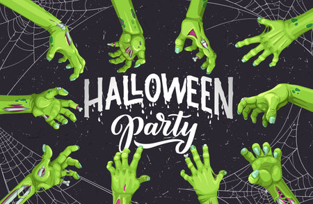 Halloween zombie hands in spider cobweb, holiday horror night cartoon vector poster. Halloween trick or treat party poster with scary rotten hands of undead zombie skeleton on cobweb backgroundのイラスト素材