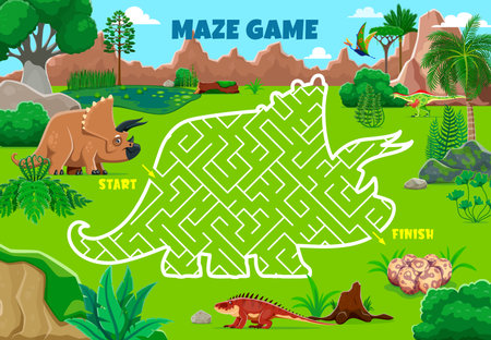 Labyrinth maze game. Help to mother dinosaur find her eggs. Vector fun and engaging dino-themed worksheet prehistoric vegetation. Riddle starts at the triceratops and finishes at the nest with eggsVのイラスト素材