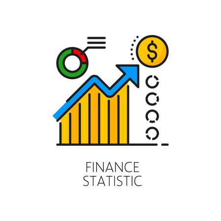 Finance statistic line color icon, financial analysis, accounting, tax revenue and budget. Vector bar graph, pie chart, upward trend arrow, dollar sign symbolizing growth, analytics, or financial dataのイラスト素材