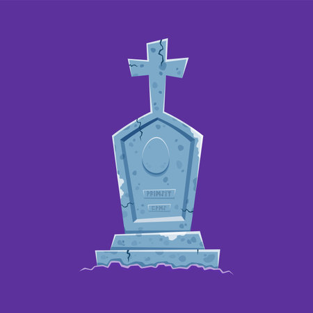 Cartoon gravestone with cross. Isolated vector Halloween tombstone, with mysterious runes inscription. Weathered marking a final resting place. Monument on the grave, old tomb stone with cracksのイラスト素材