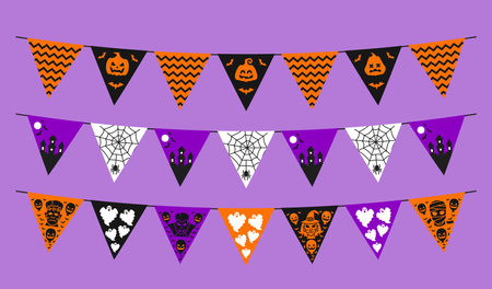 Halloween pennant garland. Autumn holiday celebration spooky garlands with pumpkin Jack on Lantern, flying bats and castle. Halloween vector pennants with cobweb, scary witch and ghosts monstersのイラスト素材