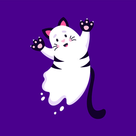 Funny cartoon Halloween kawaii ghost cat character. Isolated playful kitten spook with ghostly twist, featuring adorable feline ears, paws and tail, creating an irresistibly loveable phantom personageのイラスト素材