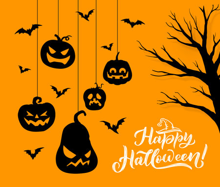 Halloween hanging pumpkins and bats for holiday and trick or treat party, vector background. Horror night holiday greeting card with creepy spooky pumpkin silhouette and scary witch bats with treeのイラスト素材