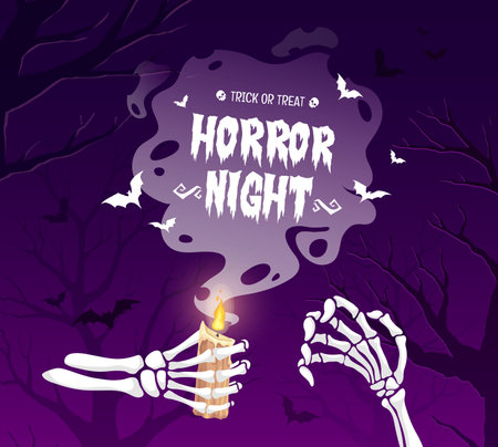 Skeleton hands with candle, trick or treat Halloween banner. Vector skeletal hands cradle a flickering candle against a purple sky, with creepy tree silhouettes and flying bats. Spooky delight awaitsのイラスト素材
