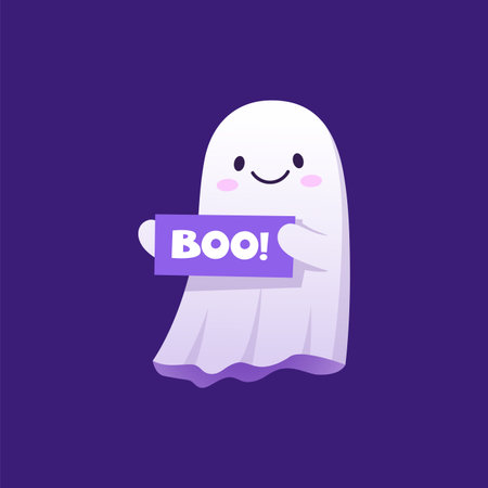 Halloween kawaii ghost character holding boo banner. Isolated cartoon vector adorable baby spook with rosy cheeks, wide smile and a playful expression radiating a charming, cute and friendly auraのイラスト素材