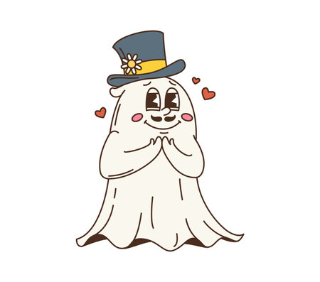 Cartoon retro groovy Halloween ghost character with top hat and mustache. Cute Halloween phantom, falling in love spirit vector personage with hearts flying around. Hippie groovy ghost monster emojiのイラスト素材