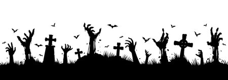 Zombie hands on cemetery silhouette. Vector scary and creepy graveyard landscape with monster arms stick up from the tombs, flying bats, black necropolis with undead creatures on white backgroundのイラスト素材