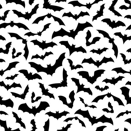 Halloween bats seamless pattern, a flurry of nocturnal creatures in flight, silhouetted against white background, creates a hauntingly stylish vector tile for spooky celebrations, wallpapers and decorのイラスト素材