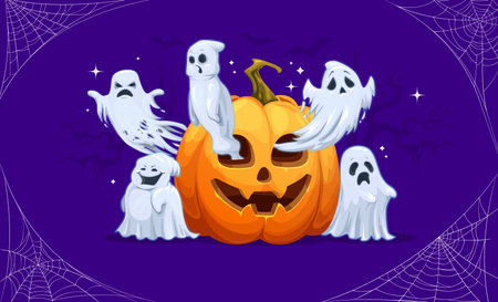 Halloween cartoon ghosts and pumpkin. Vector funny characters ready for trick or treat party. Spooks floating around jack-o-lantern on purple background with tree silhouettes, sparks and cobweb frameのイラスト素材