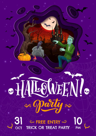 Halloween paper cut party flyer with cemetery and scary characters. Vector double exposition poster with zombie, castle, pumpkin and amanita or raven with bats creating a chilling night atmosphereのイラスト素材