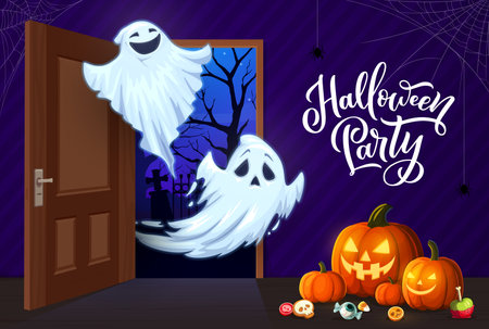 Halloween pumpkins and flying ghost characters in opened door, cartoon vector. Happy Halloween holiday and trick or treat party greeting with cute boo ghosts in scary pumpkin lantern and monster candyのイラスト素材