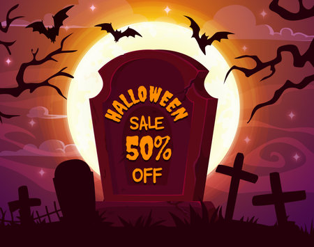 Halloween sale banner with cemetery tombstone and flying bats silhouettes on full moon sky vector background. Halloween holiday sale and trick or treat special offer flyer with midnight graveyardのイラスト素材