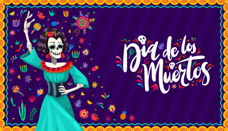 Mexican day of the dead Catrin character, dia de los Muertos holiday banner. Vector greeting card for Latin Halloween celebration with female skeleton wear long dress dancing fiery flamenco danceのイラスト素材