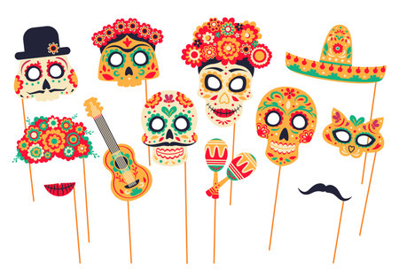 Mexican dead day photo booth masks and props for Dia De Los Muertos holiday, vector cartoon faces. Catrina calavera, skull in sombrero, guitar and maracas or Mexican mustaches for photo booth masksのイラスト素材