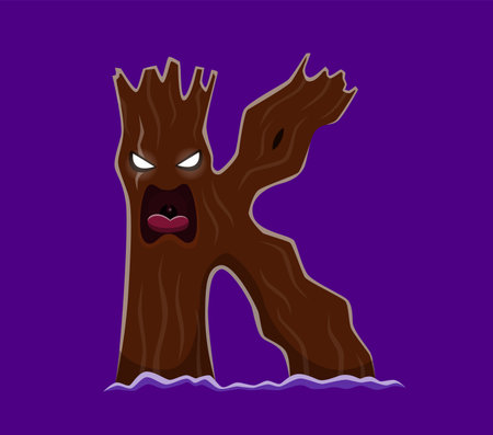 Halloween font, letter K as monster tree for horror cartoon alphabet, vector ABC type. Halloween holiday font or kids spooky typeface of letter K as scary monster tree character for horror typographyのイラスト素材