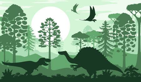 Prehistoric dinosaur silhouettes in the forest. Vector scene with shadows of dino animals and flying pterosaurs against a lush forest backdrop with sun is setting, casting green hue over the landscapeのイラスト素材