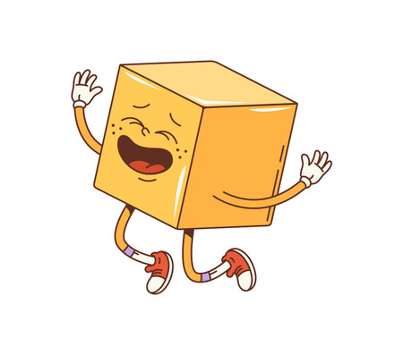 Cartoon groovy math geometric cube figure. Isolated vector cheerful cubic character with a bright yellow color, joyful expression raised arms, jump with fun and energy ready for children educationのイラスト素材