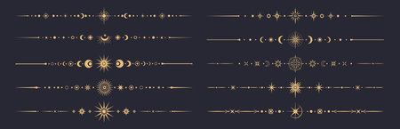 Fantasy celestial divider borders and frame lines with gold stars, moon and sun, arrows and sparks vintage boho pattern. Mystic esoteric tarot cards, astrology horoscope or zodiac divider bordersのイラスト素材