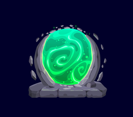 Fantasy fairytale game magic portal door with green plasma, cartoon vector gate in stone rock arch. Magic portal door or parallel world entrance for time and space teleport for mystery game elementのイラスト素材