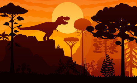 T Rex dinosaur on sunset forest landscape in Jurassic jungle park silhouette, vector background. Prehistoric landscape with tyrannosaurus or T-rex dinosaur lizard on mountain roaring in jungles forestのイラスト素材